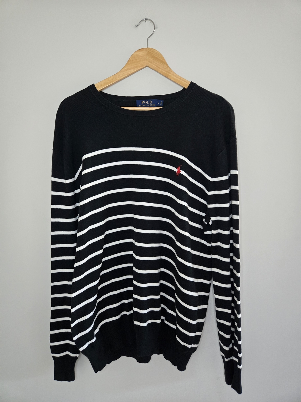 Polo by Ralph Lauren Black & White Striped Crewneck Sweater with Red Pony, Large